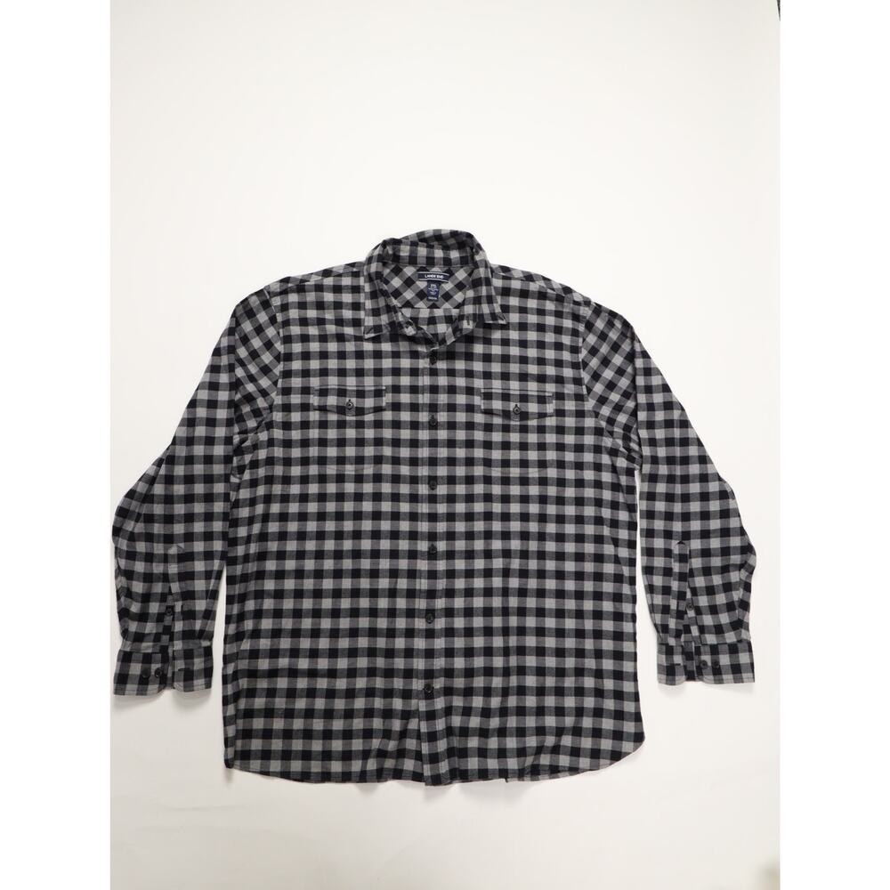 Lands’ End Plaid Button Down Shirt Men XXL Traditional Fit Black Gray Flannel